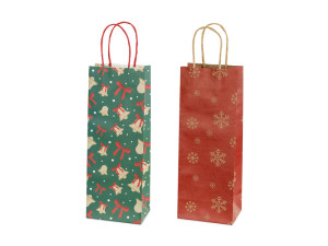 6szt. Torebki prezentowe Śnieżynki i dzwonki 12,5 x 33,5 x 9cm czerwony i zielony