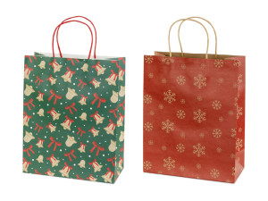 6szt. Torebki prezentowe Śnieżynki i dzwonki 26 x 32,5 x 12cm czerwony i zielony