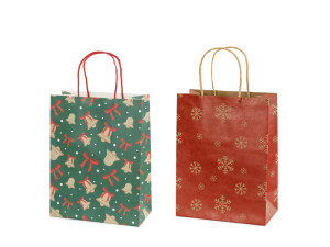 6szt. Torebki prezentowe Śnieżynki i dzwonki 19 x 25 x 10cm czerwony i zielony