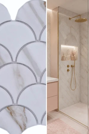 Mozaika ceramiczna Biała matowa Calacatta Gold Rybia Łuska | 25,9×27,3×0,7 cm