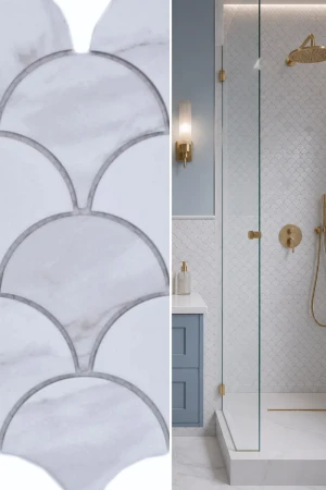 Mozaika ceramiczna Biała Calacatta Grey Rybia Łuska Matowa | 25,9×27,3×0,7 cm