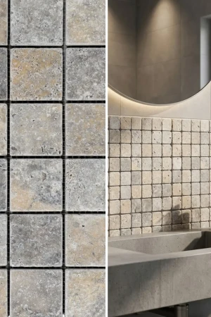 Mozaika Trawertynowa Silver Ash Premium 4,8x4,8 Bębnowany | 30,5x30,5x1 cm
