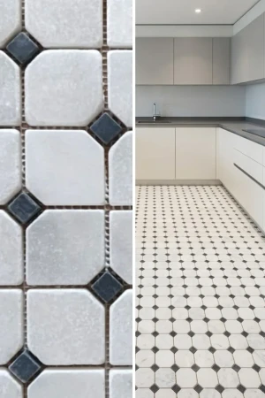 Mozaika Kamienna Carrara (z Czarnymi El.) - Octagone Bębnowany | 30,5x30,5x1 cm