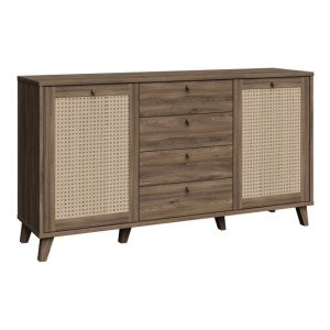 Szeroka komoda 160 cm Glenkeen GLKK232 dąb valencia/rattan naturalny