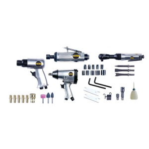 Zestaw narzędzi pneumatycznych 'Stanley 8221074STN' klucz udarowy 1/2", młot udarowy + 3 dłuta, grzechotka 1/2 z nasadkami i przedłużkami, szlifierka prosta + 3 kamienie