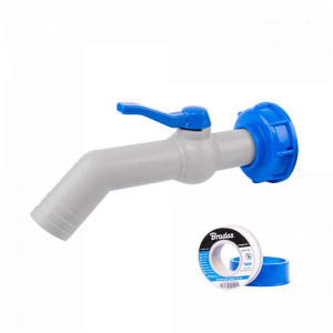 Kran z nakrętką do zbiornika IBC Mauzer 'Bradas' z przyłączem IBCS60x6 z długą wylewką 45° wąż 25-32mm+ taśma PTFE IBCS60-GTM451025