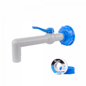 Kran z nakrętką do zbiornika IBC Mauzer 'Bradas' z przyłączem IBCS60x6 z długą wylewką 90° wąż 19-25mm+ taśma PTFE IBCS60-GTM903419