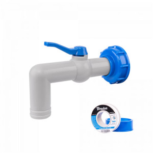 Kran z nakrętką do zbiornika IBC Mauzer 'Bradas' z przyłączem IBCS60x6 z długą wylewką 90° wąż 25-32mm+ taśma PTFE IBCS60-GTM901025