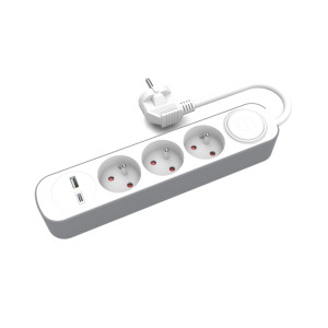 Przedłużacz stały 3 x 1 biało-szary 3-gniazdowy 5mb z uziemieniem i wyłącznikiem oraz gniazdami USB A, USB C