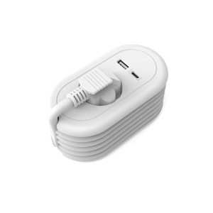 Przedłużacz stały okrągły 3 x 1,5 biało-szary 1-gniazdowy 1,5mb z uziemieniem i wyłącznikiem oraz gniazdami USB A, USB C