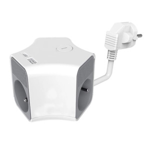 Przedłużacz stały 3 x 1 biało-szary 3-gniazdowy 2mb z uziemieniem i wyłącznikiem oraz gniazdami USB A, USB C - kostka