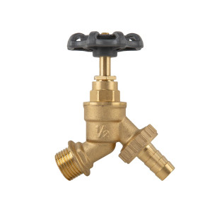 Kran z zaworem Bradas ROUND HANDLE GZ 1/2" x GZ 3/4" i przyłączem na wąż 13 mm - mosiądz BR-KRH1234