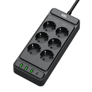 Przedłużacz stały (listwa przepięciowa) 3 x 1,5 czarny 4-gniazdowy,dł. przewodu 2mb, z uziemieniem Schuco i wyłącznikiem, gniazda USB-A, USB-C