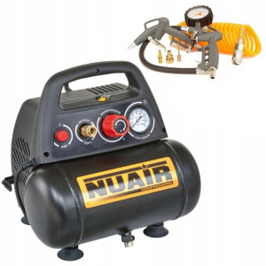 Kompresor bezolejowy 'NU AIR' 1,5KM, 1100W, 6L, 180L/min, 8 bar, profesjonalny (3 lata gwarancji) z zestawem akcesoriów