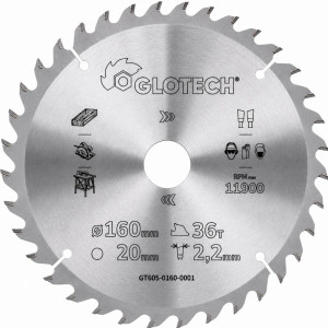 Piła tarczowa widiowa Glotech do cięcia drewna i materiałów drewnopochodnych 160 x 20 x 2,2/1,4 26z GS15 do pilarek ręcznych