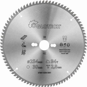 Piła tarczowa widiowa Glotech do cięcia materiałów drewnopochodnych 254 x 30 x 2,8/2,0 94z GA-5 z otworami Combo do pilarek ukosowych