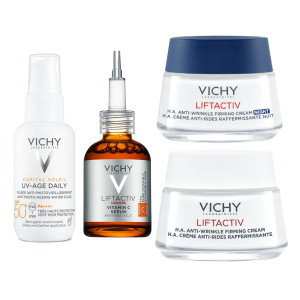 VICHY Zestaw Rozświetlenie Serum Rozświetlające - 20ml + Pielęgnacja Przeciwzmarszczkowa i Ujędrniająca - 50ml + Fluid przeciw fotostarzeniu się skóry SPF50+ - 40ml + Kompleksowa Przeciwzmars