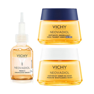 VICHY NEOVADIOL Zestaw Po Menopauzie Odbudowujący Krem Na Dzień - 50 ml +  Odbudowujący Krem Na Noc Przeciw Wiotczeniu Skóry - 50 ml + Dwufazowe Serum Niwelujące Wpływ Menopauzy Na Skórę - 30