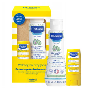 MUSTELA SUN Zestaw Wakacyjna Przygoda Sztyft Przeciwsłoneczny SPF50 + Delikatny Żel do mycia 100ml