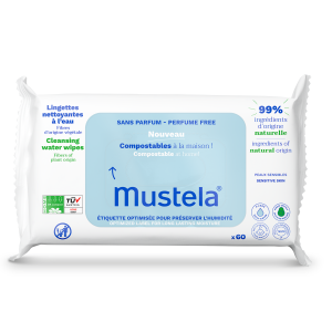 MUSTELA Kompostowalne Chusteczki Oczyszczające Z Wodą - 60 szt [Data ważności: 1.07.2026]