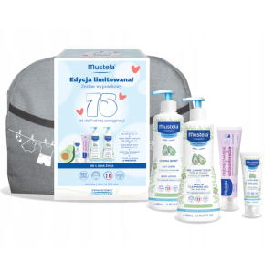 MUSTELA ZESTAW WYPRAWKOWY Żel do mycia 500ml, Mleczko do ciała 500ml, Krem do przewijania 100ml, Krem do twarzy 40ml + Torba