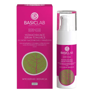 BASICLAB Dermocosmetics Wzmacniające serum tonujące do skóry n aczynkowej i wrażliwej 10% kompleksu czynnika wzrostu EGF, 0,5 % pochodnych witaminy K, CICA, Wyciszenie i redukcja 30 ml