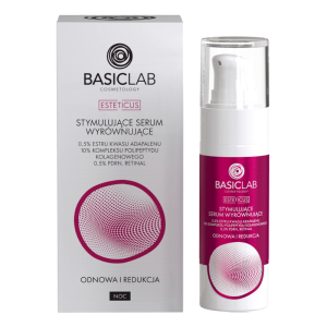 BASICLAB Cosmetology Stymulujące Serum Wyrównujące, 0,5% Estru Kwasu Adapalenu, 10% Kompleksu Polipeptydu Kolagenowego, 0,5% PDRN, Retinal, Odnowa i Redukcja 30 ml