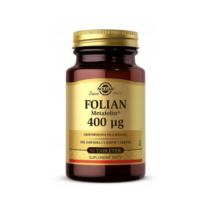 SOLGAR FOLIAN 400 µg Dla kobiet w ciąży i planujących ciążę Wspiera produkcję krwi oraz tkanek matczynych 50 tabletek