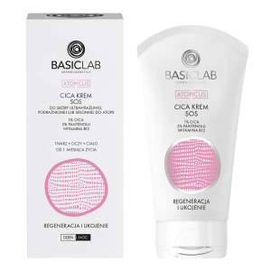 BASICLAB Dermocosmetics Atopicus CICA krem SOS do skóry ultrawrażliwej, podrażnionej lub skłonnej do atopii, 1% CICA, 5% pantenolu, witamina B12, Regeneracja i Ukojenie - 75 ml