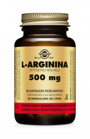 SOLGAR L-ARGININA 500 mg Wspiera prawidłowy przepływ krwi i układ krążenia oraz prawidłowe funkcjonowanie mięśni 50 kapsułek