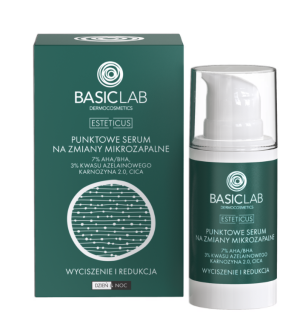 BASICLAB Punktowe Serum Na Zmiany Mikrozapalne z 7% AHA/BHA, 3% Kwasu Azelainowego i Laktoferyną - 15ml
