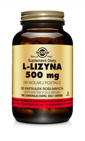 SOLGAR L-LIZYNA 500 mg Wchodzi w skład białek, które budują i zapewniają prawidłowe funkcjonowanie organizmu 50 kapsułek