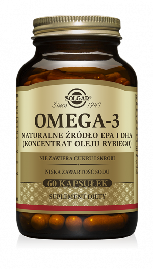 SOLGAR OMEGA 3 Naturalne źródło EPA i DHA Wspiera prawidłową pracę serca i układu krążenia, mózgu i układu nerwowego, zdrowy wzrok 60 kapsułek
