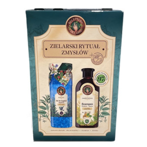 Receptury Zielarki Zielarski Rytuał Zmysłów zestaw szampon Miodowo-Lipowy do każdego rodzaju włosów 350ml + sól do kąpieli Jagoda 700g + opaska do wło