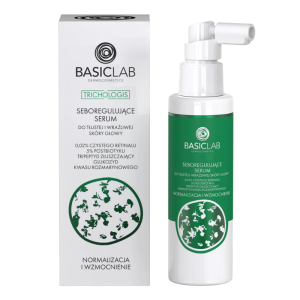 BASICLAB Dermocosmetics Seboregulujące serum do tłustej i wrażliwej skóry głowy, 0,02% czystego retinalu, 5% postbiotyku, Tripeptyd złuszczający, Gluk