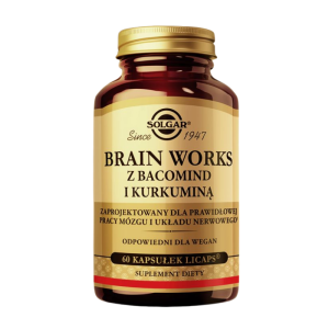 SOLGAR BRAIN WORKS z BacoMind® i Kurkuminą Wspiera pracę mózgu i układu nerwowego, poprawia koncentrację, zmniejsza zmęczenie 60 kapsułek