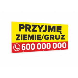 Baner standard 200x100 cm trwały materiał z hasłem przyjmę/oddam gruz/ziemię – idealny na ogłoszenia