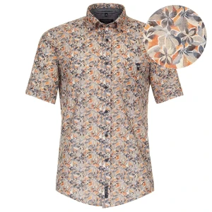 Duża męska koszula krótki rękaw kwiaty kolorowa Casa Moda 944202500-450 beżowo-pomarańczowa (6XL) | 6XL