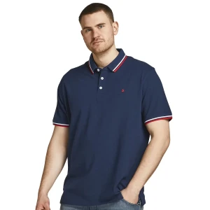 Duża męska polówka koszulka z kołnierzykiem Jack & Jones 12143859 granatowa z czerwonym (8XL) | 8XL