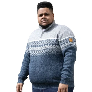 Duży męski sweter na krótki zamek ze stójką wzorzysty Duke D555 Ruddington szaro-niebieski (5XL) | 5XL