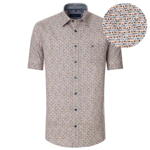 Duża męska koszula krótki rękaw Casa Moda 954423900-102 beżowa z pomarańczowo-niebieskim wzorem (6XL) | 6XL