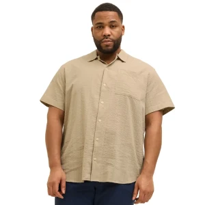 Duża męska koszula wytłaczany wzór krótki rękaw Jack & Jones 12278451 beżowa (5XL) | 5XL