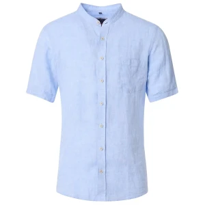 Duża męska lniana koszula ze stójką krótki rękaw gładka Casa Moda 954404500-100 błękitna (4XL) | 4XL