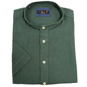 Duża męska koszula krótki rękaw ze stójką len gładka Easy E1263-550 ciemnozielona (5XL) | 5XL