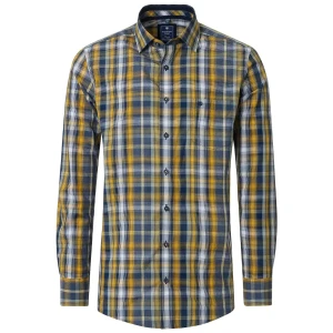 Duża męska koszula w kratę z długim rękawem Redmond 252045111-400 żółto-granatowa (2XL) | 2XL