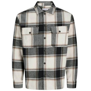 Duża męska flanelowa koszula z długim rękawem w  kratę Jack & Jones 12284616 kremowo-grafitowa (7XL) | 7XL