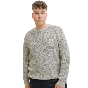 Duży męski sweter wkładany przez głowę Jack & Jones 12287722 beżowo-szary z czarną nitką (6XL) | 6XL
