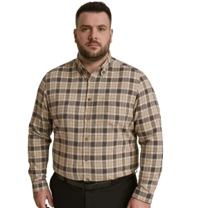 Duża męska koszula w kratę długi rękaw Kam 6355 LS beżowo-biało-szara (7XL) | 7XL