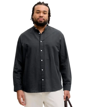 Duża męska koszula gładka lniana z długim rękawem stójka Jack & Jones 12294544 czarna (5XL) | 5XL