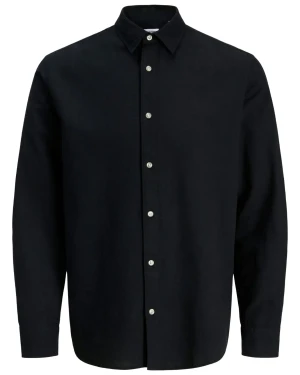 Duża męska gładka koszula z lnem długi rękaw Jack & Jones 12288651 czarna (5XL) | 5XL